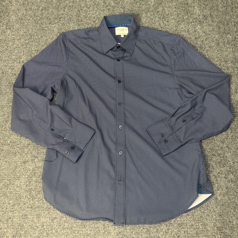CONSTRUCT Dress Shirt Mens Medium Blue Polka Dot Button Up Stretch Long Sleeve
